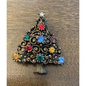 vintage Christmas Tree with rhinestone ornaments brooch pin JJ Jonette Jewelry